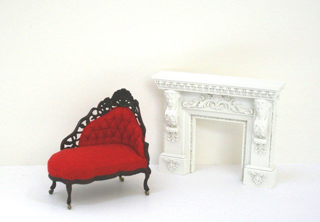 Nancy Summers LE Belter Chaise: Limited edition numbered 1 of 3: a beautifully hand-carved Belter short chaise upholstered in finely figured red pongee' silk and brass caster on feet. 3.75" H, 4" L. Back is slightly loose at one end