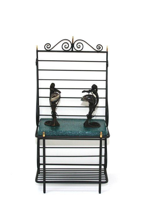 Jason Getzan Baker's Rack: Handsome wrought iron and brass artisan baker's rack with faux granite counter top (loose) just over 6" H, 3" W, with a pair of stunning Neil Carter electrified Art Nouveau mermaid lamps 1.5" H.