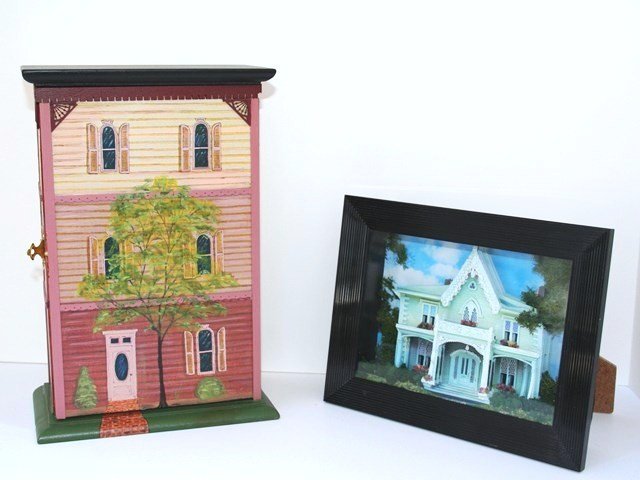 Smaller Scale Domiciles: By Janet Bailey, a 1/4" scale three-story townhouse artfully painted outside, simply finished wooden interior. 10.5" H, 7" W, 4" D (tiny chip on cornice trim). Also a charming three-dimensional shadow
