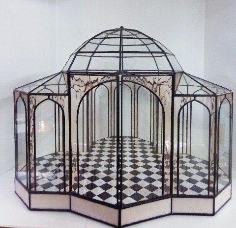 Glass Conservatory: A large three-bay glass conservatory with individually cut glass tile floor, covered with a central dome on an opaque glass base. 18" H, 22" W, 20" D. A classic from Lady Jane.