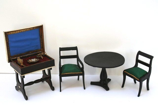 Antique Waltershausen Furniture: An antique German work table or dressing table with velvet lined interior, accessorized with gilt metal brush, bowl and a set of brass keys. 3.5" H and W. Also an early German pedestal table and pair 