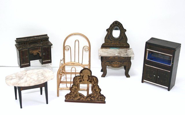 Waltershausen Furniture: Interesting assortment of antique German furniture including a small cabinet with blue papered interior 4" H, 2.75" W (top cracked), a marble-topped table (top repaired), dressing table with cracked t