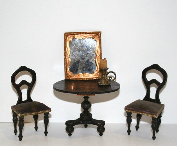 Early German Furniture: Antique pedestal table (base repaired) 2.75" H, 3.5" W and two balloon-back chairs with faded purple velvet upholstery (one rear leg replaced). With an old ambrotype in a an embossed brass frame and a