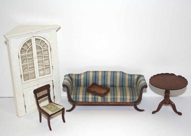 Vintage Parlor Furnishings: A home-made corner cupboard 7" H, a Lynnfield sofa (two legs repaired), a Chestnut Hill side chair and a mahogany tripod table with piecrust edging (damaged). Also a small tray with fretwork gallery.