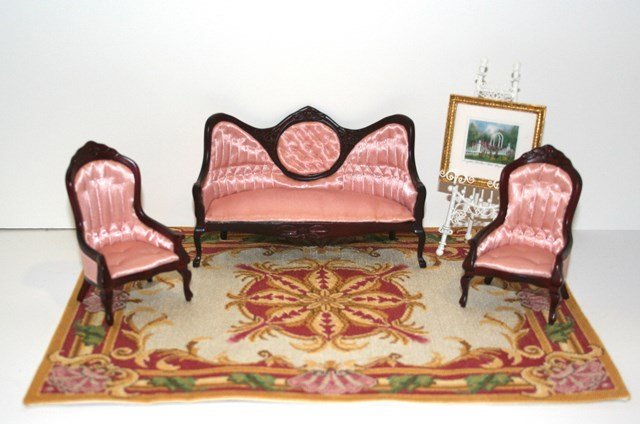 Petitpoint Carpet and Print: Stunning room-size Aubusson carpet in miniature 9.5" X 12", with a three-piece commercial parlor suite, a wire wicker easel and a LE print by Amy Ramsey Walton 1998.