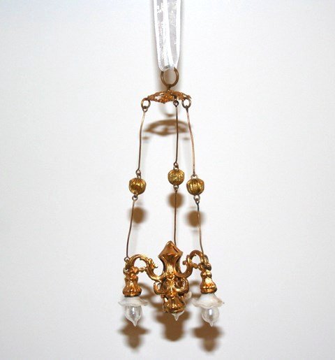 Antique Ormolu Chandelier: Three-arm Erhard & Sohne ormolu chandelier with original glass shades and globes, one set of links missing, ormolu bright and shiny. 5" L.