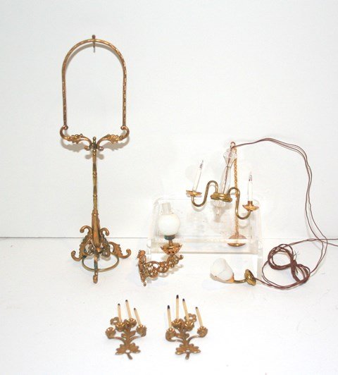 Assorted Lighting: An assortment of contemporary Victorian style fixtures comprising a double-armed electrified chandelier and wall sconce along with non-electrified wall fixtures (one candlestick missing) and a birdcag