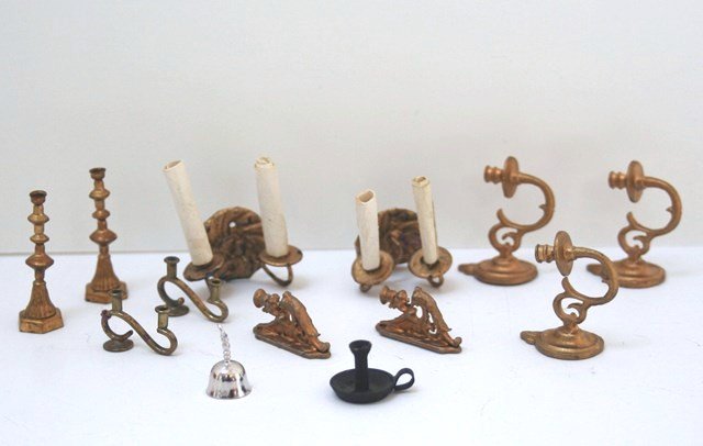 Artisan Candlesticks and Chestnut Hill Items: A Chestnut Hill tin candlestick and silver-plated bell, a pair of candlesticks by Ellen Krucker Blauer 1.25" H and some unusual vintage sconces. Nice group.