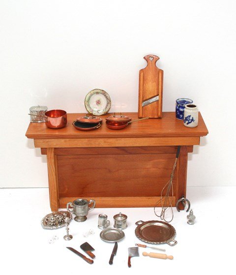 Artisan Kitchenalia: Nice cabbage cutter by Sir Thomas Thumb 2.25" L, four nice quality knives, bottle brush, artisan copper pots and pans, sponge ware crock signed AM, artisan stoneware crock, pewter pieces, Ellen Krucke