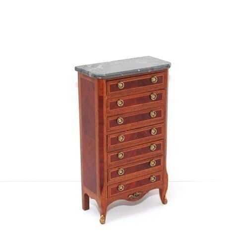 Herbillon Semainier: Stunning Louis XV lingerie chest with beautifully executed parquetry drawers and sides, grey marble top and ormolu mounts. 4.25" H.