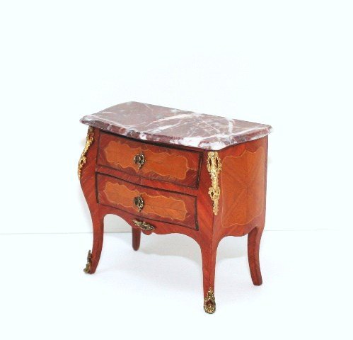 Herbillon Louis XV Commode: Lovely Louis XV commode with beautifully grained parquetry veneers on three curvaceous sides, ormolu mounts and marble top. 3" H, 3.75" W.