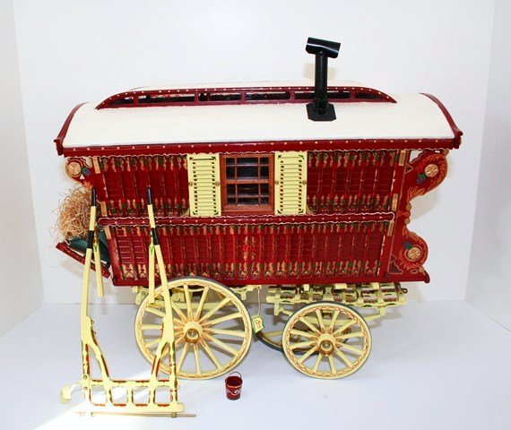Gypsy Caravan: Made in Cornwall by L & J Shapley, a hand-crafted gypsy caravan of very authentic design. The roof lifts off for access to the interior and the shafts attach to the front for travel. Fabulous detail w
