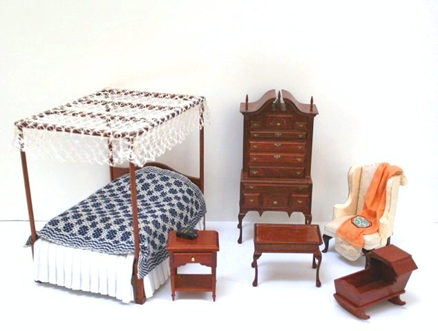 Colonial Bedroom Group: A tatted-lace topped canopy bed with overshot coverlet 7" H and L, a highboy (missing two escutcheons), cradle, and Queen Anne table, all pre-assembled and finished by X-acto, plus a night stand and a