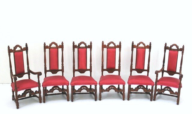 Maynard Manor Stuart Chairs: A set of Goebel plastic chairs beautifully upholstered in rose satin 4.25" H. Formerly located in the Library of Maynard Manor.