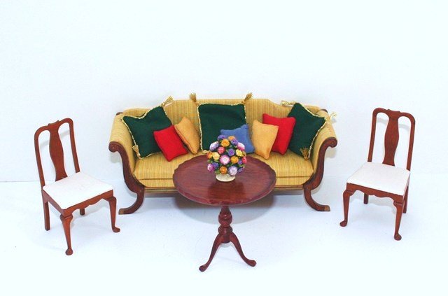 Vintage Artisan Furniture: An early Lynnfield sofa with assorted pillows 7" L, a pair of artisan Queen Anne chairs with removable seats signed RCH and a Joe Andrews Queen Anne lift-top tea table with pie-crust edging. Olsziewsk