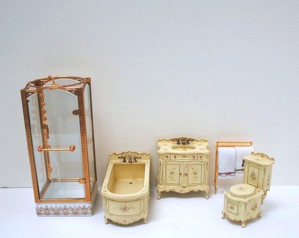 French Bathroom Suite: Very pretty imported bathroom suite with tub 5" L, matching sink and toilet and an elaborate Reutter shower stall 6.75" H, 3" W.