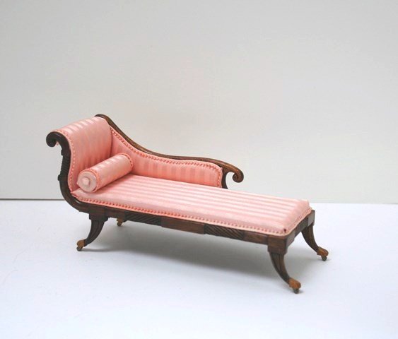 David Booth Recamier: Upholstered in delicately striped peach silk, a classical Recamier by English artisan David Booth. 3" H, 6.5" L.