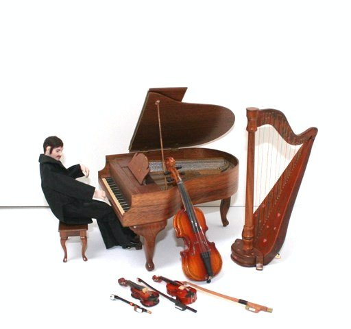 Chuck Sudler Piano and Harp: Artisan walnut baby grand piano and bench with very realistic soundboard inside 3.5" H, 4.75" W, 6" L, and a harp, all by Chuck Sudler. Also a porcelain doll pianist by Marion Texler and commercial st