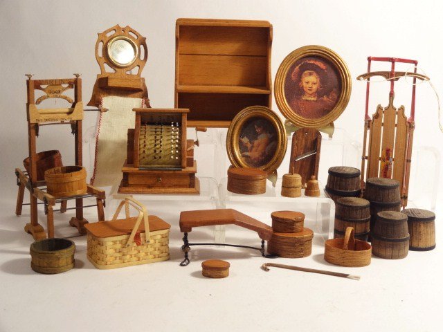 Dollhouse Bucket Bench, Wash Stand, Others: Dollhouse bucket bench, wash stand, pantry boxes by Jim Ison, pictures & sled marked originals by TAG, Al Chandronnait basket '87.