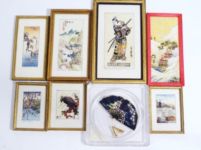 Marjorie Adams Fan and Paintings: A delicate hand-painted folding fan 1.5" L open, six hand-painted Japanese prints, all by Marjorie Adams and one painted scroll in red frame by Jack Cashmere.