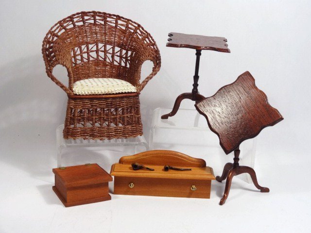 Tom Wolfert Tables: A pair of mahogany tilt-top tables 2.5" H by Tom Wolfert, a cherry pantry box signed P.Mills, an unsigned workbox with sliding tray and a Leilani Warling wicker style armchair 3.5" H. Also a pair of M