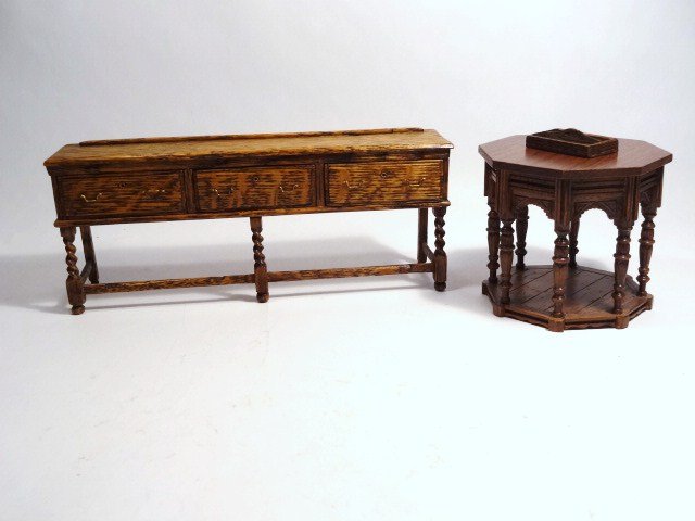 Joan Blenkensopp Sideboard: Am imposing oak Tudor sideboard 2.75" H, 7" L with a small cutlery tray. Also an octagonal table from the Thorne Rooms Collection by Reminiscence (tiny edge ding).