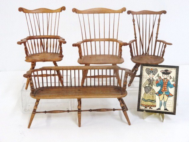 Birkemeier Windsor Bench and Chairs: A deacon's bench 2 3/8" H, 4.75" L, a pair of comb-back Windsor chairs, a fan-back armchair and a framed fraktur, all by Studio B.