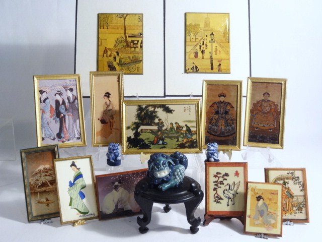 Miniature Oriental Pictures/Accessories: Miniature dollhouse oriental pictures w/table & accessories, accessories marked Stapleton 87,88, tallest 4 3/4 in.