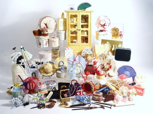 Dollhouse Hats, Hatboxes, Ladies Items: Large grouping of ladies hats, hatboxes, fans, & other ladies items, cabinet 6 in. (H) by Terry Unnold '03