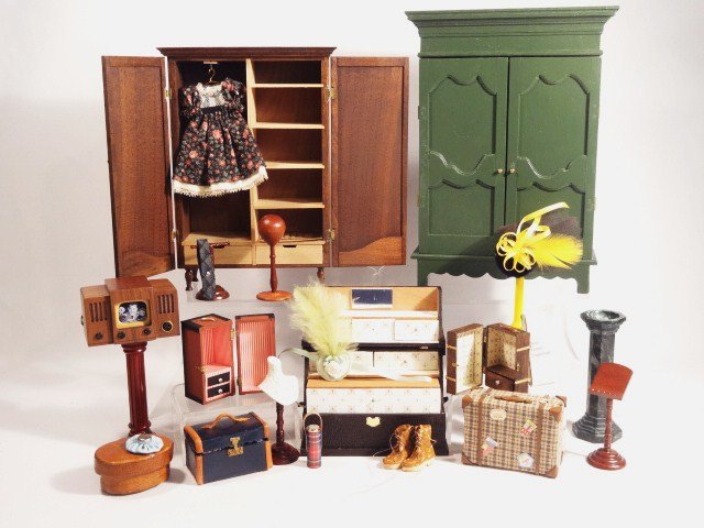 Handcrafted Luggage, Armoire: Handcrafted luggage, 2 armoires, hat, work boots, tallest 7 in.