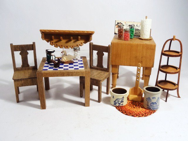 Country Kitchen Dollhouse Furniture: Country kitchen butcher block by Donald Eastin, old world tile table, etc., tallest 3 1/4 in.