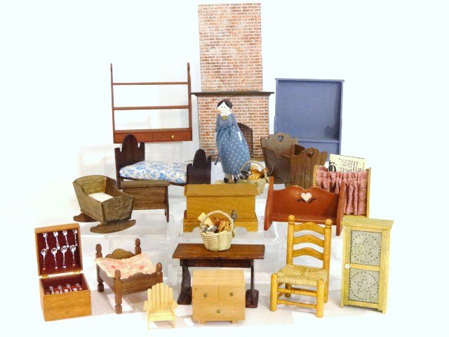 Half Scale Dollhouse Furniture: Grouping of half scale dollhouse furniture, cradle marked Dan Zerkel '82