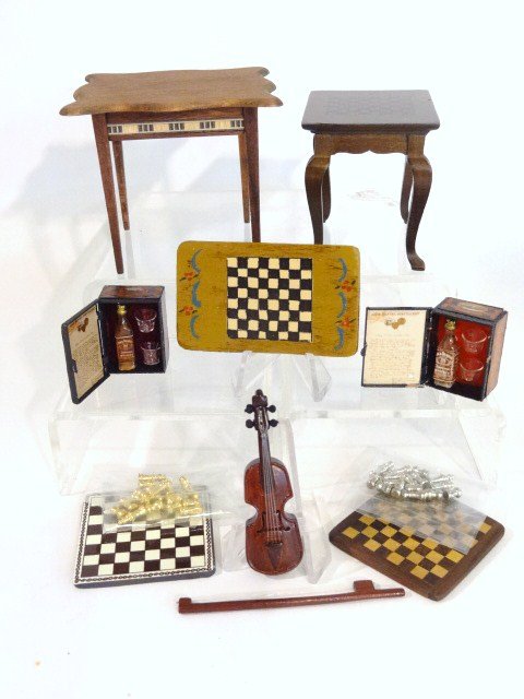 Dollhouse Game Tables: Dollhouse game table, chest set, liquor boxes, violin, tallest 2 1/4 in.