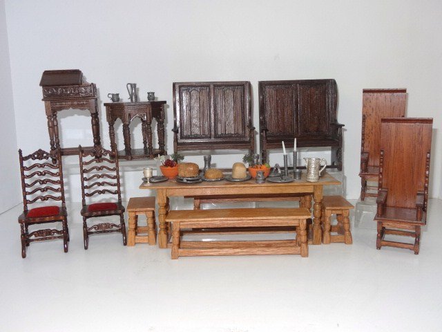 Reminiscence Tudor Furniture: An assortment of commercial furniture from the 1980's made by Reminiscence under license from The Chicago Art Institute replicating items from the Thorne Rooms including two settles, two hall chairs, 