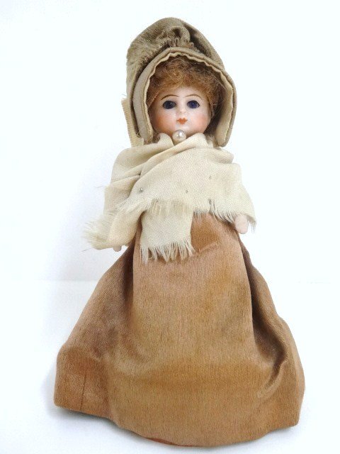 German Candy Container Girl Doll: German 4 1/2 in. candy container girl doll w/bisque head, body & arms, blue glass eyes & mohair wig, original Quaker silk dress & bonnet in very good condition, price tag shows price of $275 (early 19