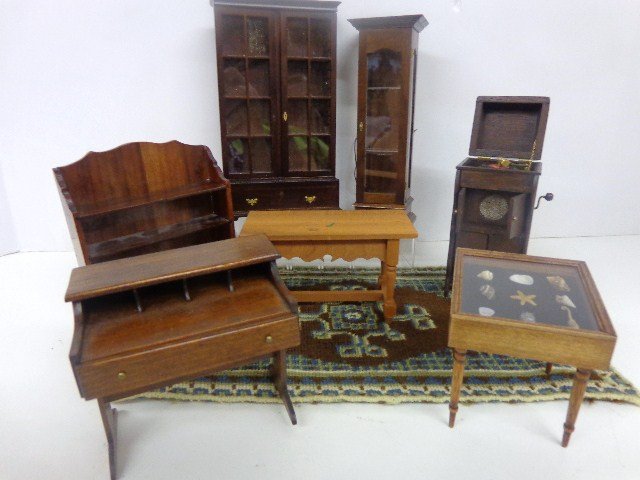Artist and Commercial Furniture: Grouping of Artist and Commercial Furniture: R. J Harrell, RAE Victrola, Large Curio, Two door China 6.5" tall, Desk, Tables, etc., rug 10.5" x6.25"