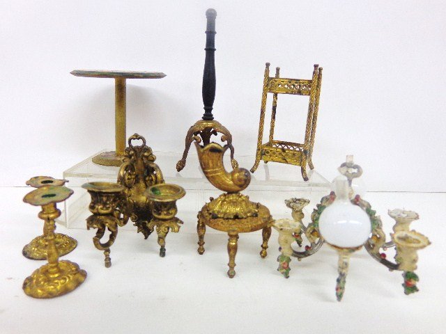 Miniature Ormolu Sconces, Stools, Candles: Ormolu Sconces, Stools, Candles, Trumpet Vase, Decorated Painted Wrought Iron candelabra, Decorated Paper Table, and more 3" largest