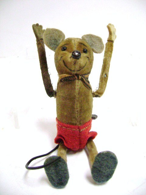 Schuco Tumbling Mouse: Schuco tumbling brown mouse, red felt shorts, 4.5"H