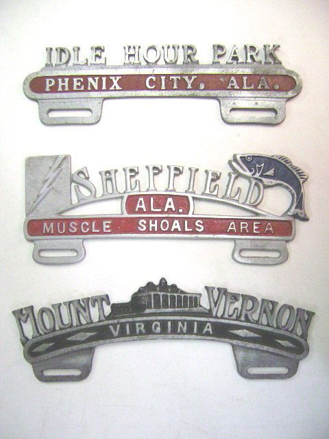 Three Southern License Plate Toppers: Three southern license plate toppers in aluminum, Sheffield Alabama Muscle Shoals Area, Idle Hour Park Phoenix City Alabama, and Mount Vernon Virginia