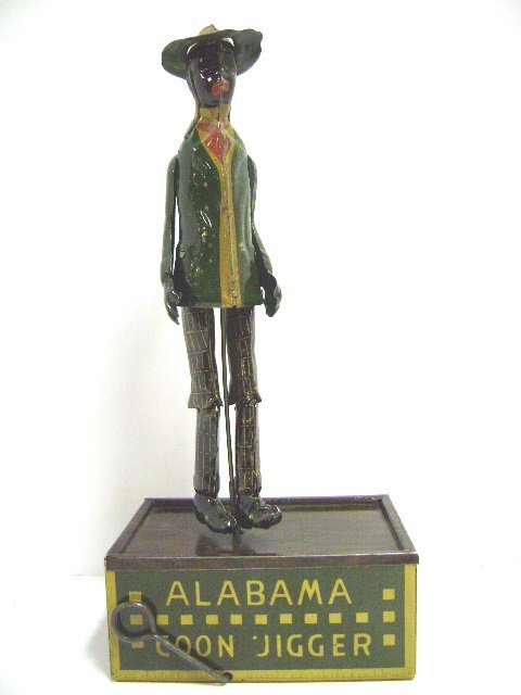 Early Strauss Alabama Coon Jigger Wind-Up: Strauss, N.Y., tin litho dancer wind-Up dancer, 10.5" H, patented 1910