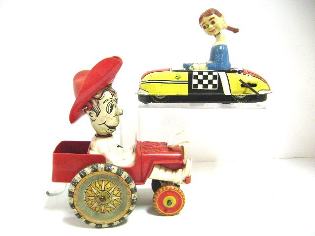 Marx Sheriff Sam Whoopee Car and Convertible: Marx, tin and plastic wind-up crazy car Sheriff Sam 6" L, Marx tin wind-up convertible with bobble head driver