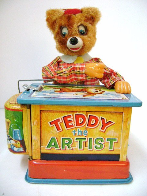 Yonezawa Teddy the Artist B.O.: Yonezawa Japan, B.O. drawing bear, comes with full set of nine metal templates, original red/blue crayons and used sketch book
