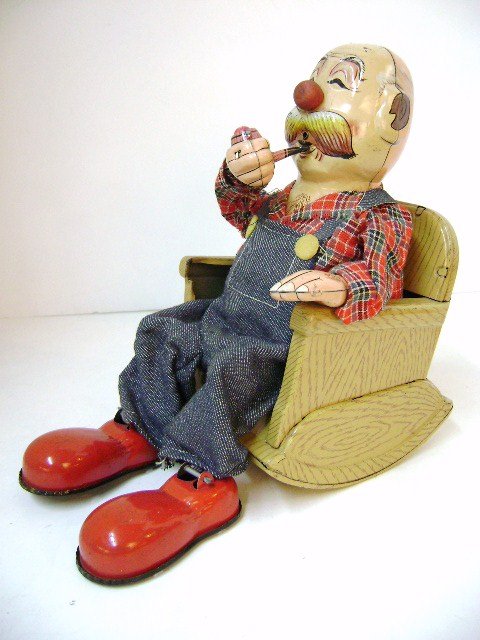 Seven Battery Operated Toys: Alps Japan Teddy The Rhythmical Drummer in OB, San Japan Smoking Rocking Grandpa, Santa Bell Ringing Bank, Santa Drummer, Monkey Rope Skipper, Monkey Cymbal Player, Cha Cha Drummer Dog in OB