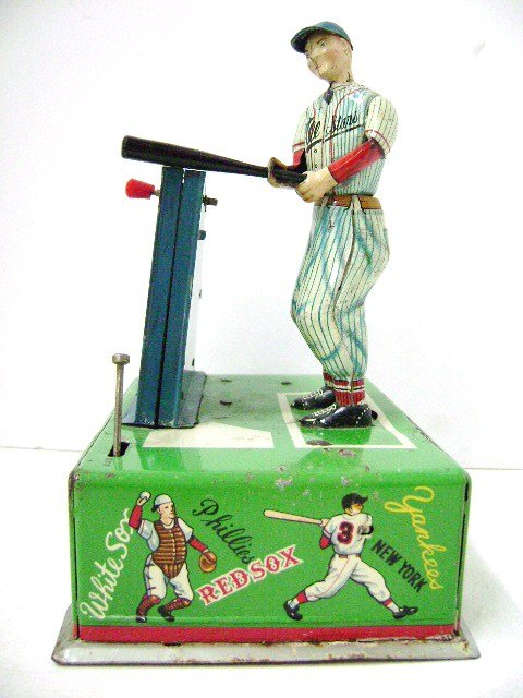 Allstars Mr. Baseball Jr. with Automatic Batting B.O.: Vintage Allstar Mr. Baseball Jr. with automatic batting machine, tin litho BO, made in Japan by Sankei, spring loaded action brings balls up and batter hits it 7.25" H
