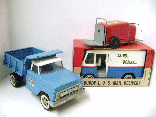 Buddy-L, Tonka and Nylint Vehicles: Buddy-L US Mail Delivery Truck #5354 in OB with minor rubbing to sides, Tonka hydraulic dump truck 13" L with normal play wear and Nylint wind-up lift truck 11" L in working condition with light wear