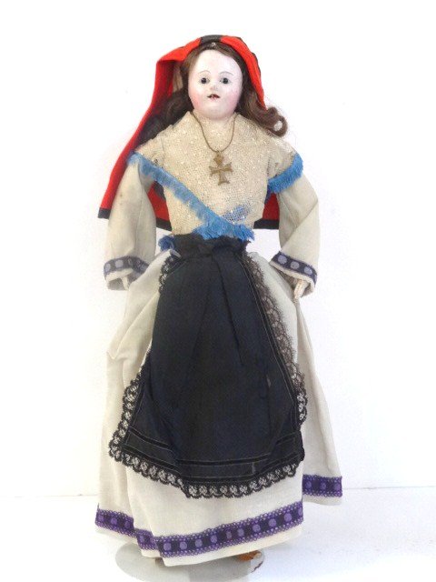 Renaissance Style Paper Mache Doll: Paper Mache Glass eyed shoulder head doll w/ teeth and wood shoes, Hands redone, Leather body. Original condition