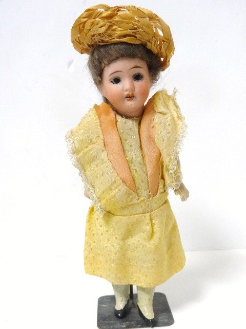 Bisque Head Doll, 8 1/2 inches: Bisque head doll, glass eyes, teeth, composition body, all original clothing, R 21 13/0 A, 8 1/2 in.