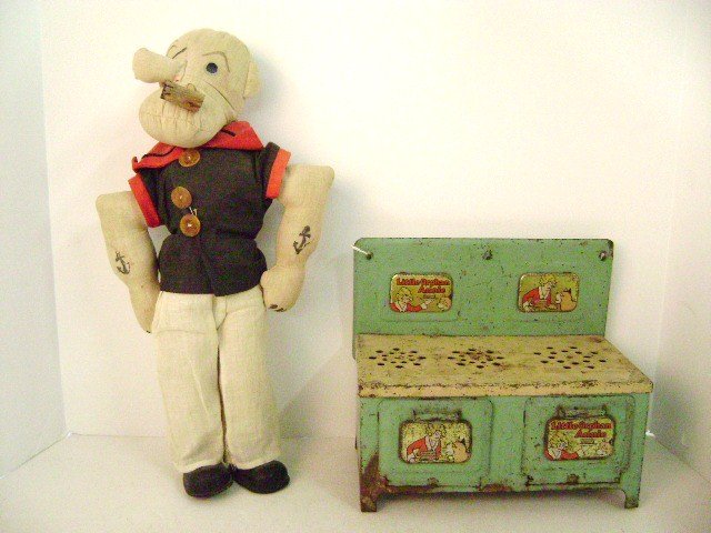 Early Popeye Doll and Little Orphan Annie Stove: Early cloth stuffed Popeye doll, painted face with wood pipe and paper mache shoes, no hat, Little Orphan Annie stove featuring lithos of Annie and Sandy 9.5" W