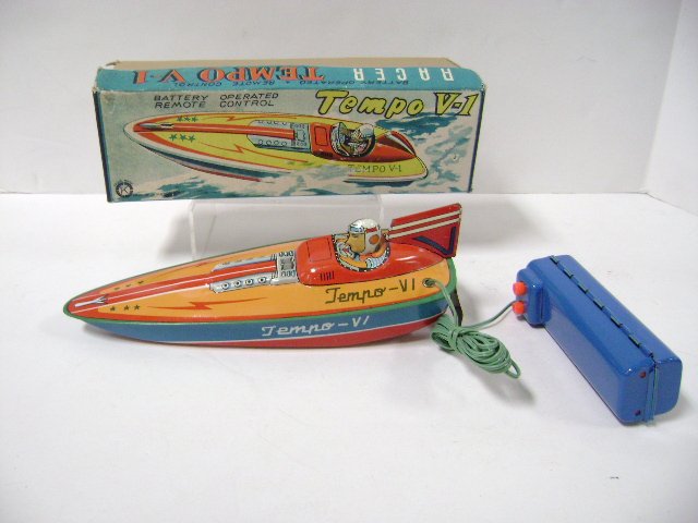 Sankei Race Boat Tempo VI BO: Sankei Japan tin OB race boaT in OB, 9.5" L, nice colorful graphics