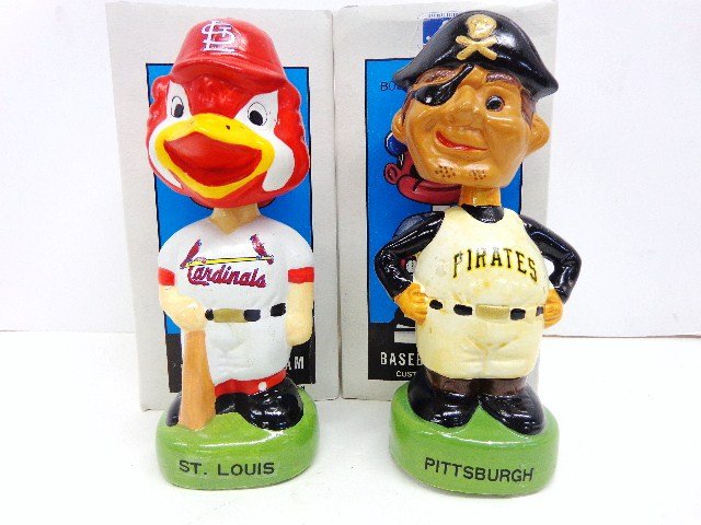 Cardinals and Pirates Bobble Head Dolls: St. Louis Cardinals " Redbird " Bobble and Pittsburgh "Pirate" marked MLB 1988 made in Taiwan 8 1/2" tall both with original box